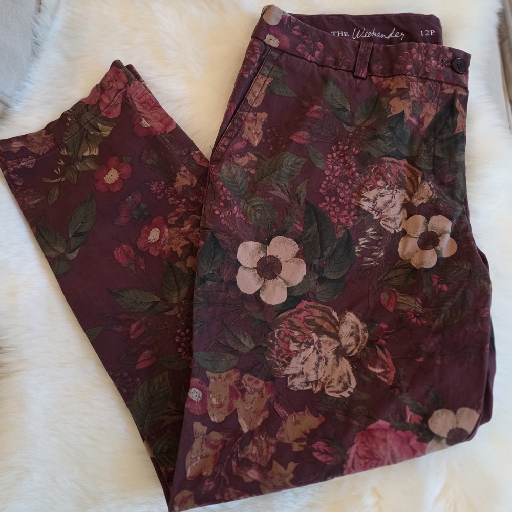 Talbots Weekender Floral Straight Leg Women's Pants - Burgundy and Olive